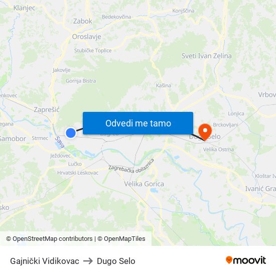 Gajnički Vidikovac to Dugo Selo map