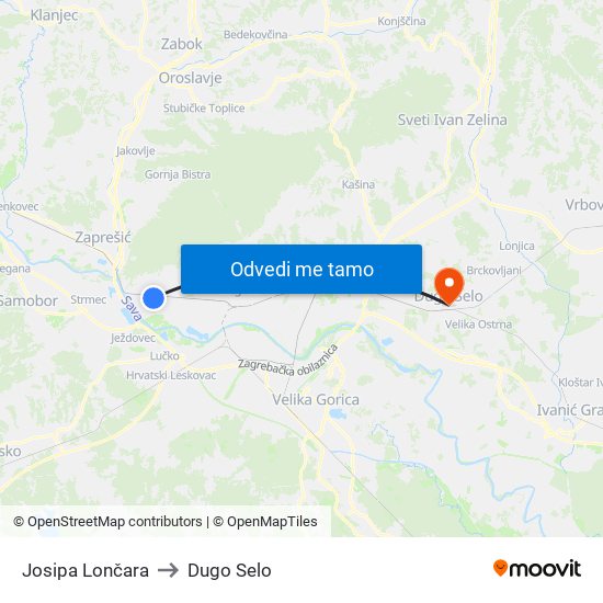 Josipa Lončara to Dugo Selo map
