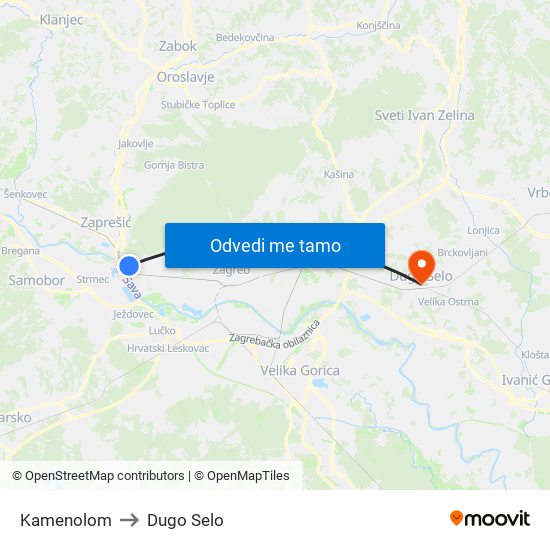 Kamenolom to Dugo Selo map