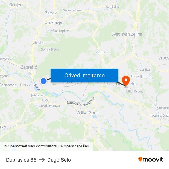 Dubravica 35 to Dugo Selo map