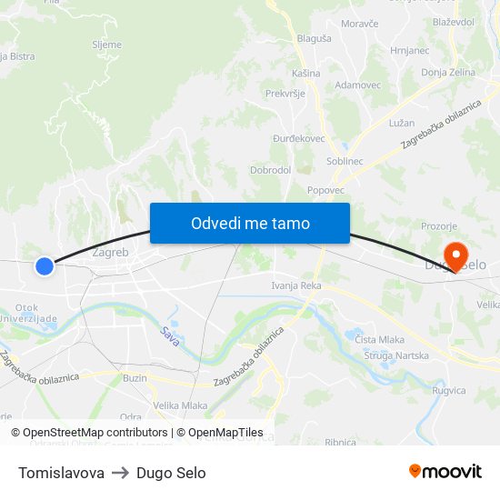 Tomislavova to Dugo Selo map