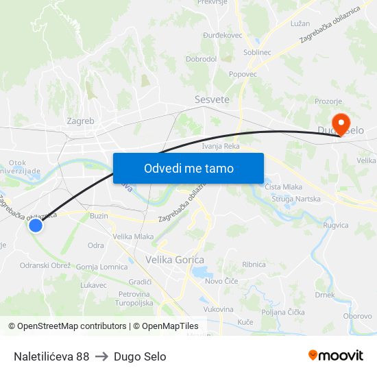 Naletilićeva 88 to Dugo Selo map
