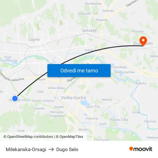 Milekanska-Orsagi to Dugo Selo map