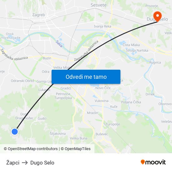 Žapci to Dugo Selo map