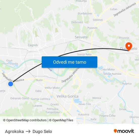 Agrokoka to Dugo Selo map