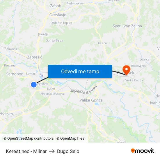 Kerestinec - Mlinar to Dugo Selo map
