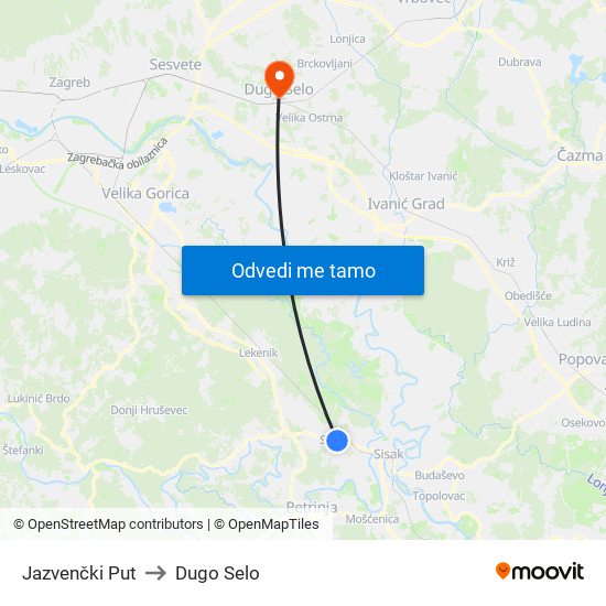 Jazvenčki Put to Dugo Selo map