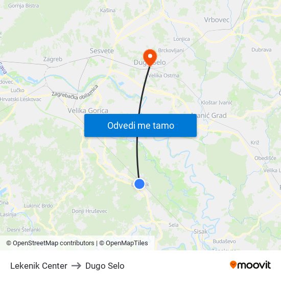 Lekenik Center to Dugo Selo map