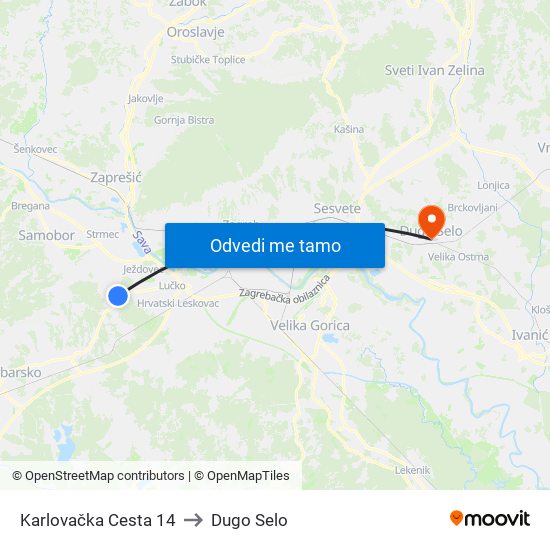Karlovačka Cesta 14 to Dugo Selo map