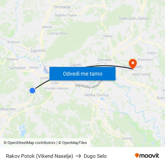 Rakov Potok (Vikend Naselje) to Dugo Selo map