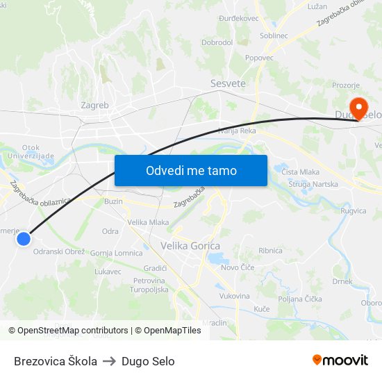 Brezovica Škola to Dugo Selo map