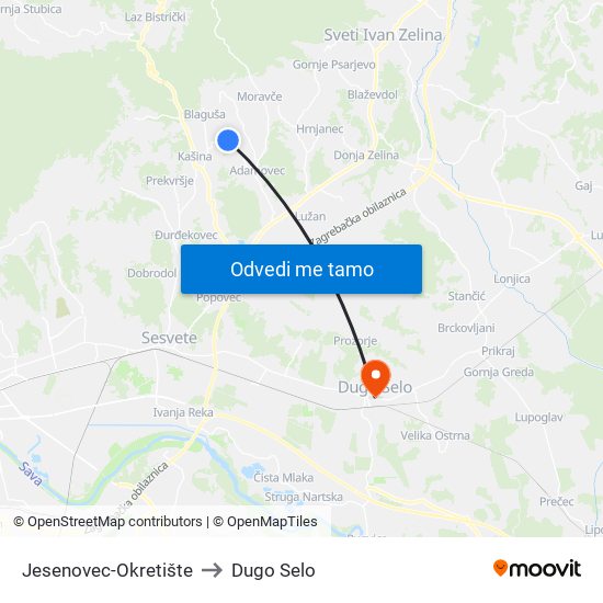 Jesenovec-Okretište to Dugo Selo map