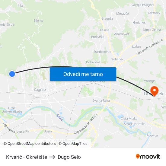Krvarić - Okretište to Dugo Selo map
