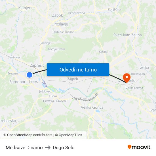 Medsave Dinamo to Dugo Selo map