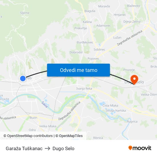 Garaža Tuškanac to Dugo Selo map