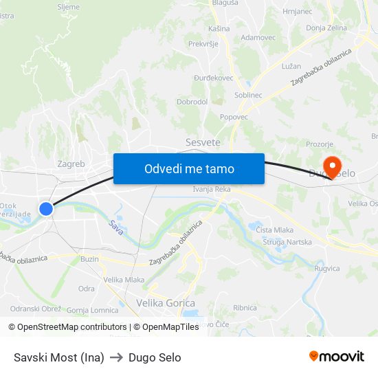 Savski Most (Ina) to Dugo Selo map