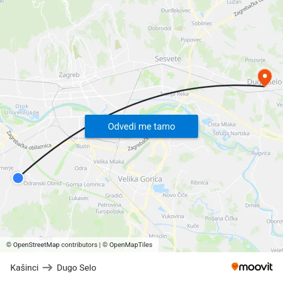 Kašinci to Dugo Selo map