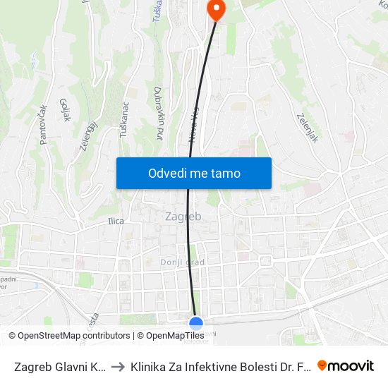 Zagreb Glavni Kolodvor to Klinika Za Infektivne Bolesti Dr. Fran Mihaljević map