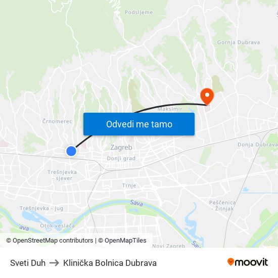 Sveti Duh to Klinička Bolnica Dubrava map