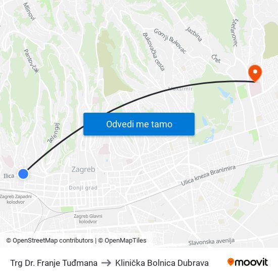 Trg Dr. Franje Tuđmana to Klinička Bolnica Dubrava map