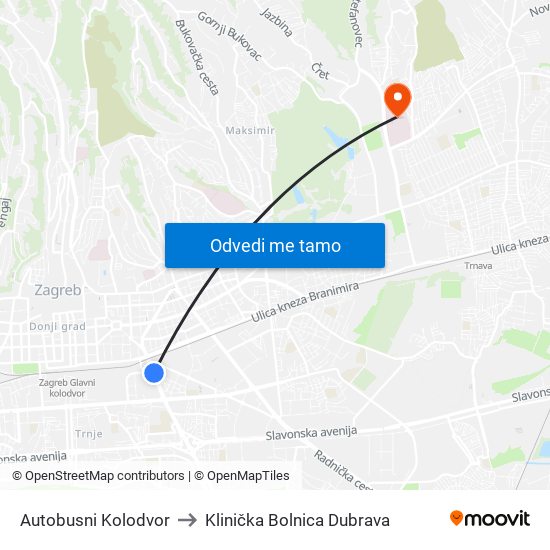 Autobusni Kolodvor to Klinička Bolnica Dubrava map