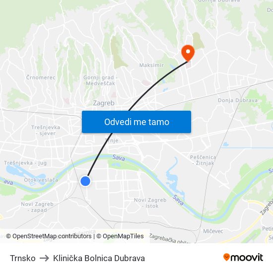 Trnsko to Klinička Bolnica Dubrava map