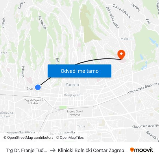 Trg Dr. Franje Tuđmana to Klinički Bolnički Centar Zagreb - Rebro map