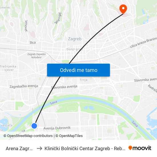 Arena Zagreb to Klinički Bolnički Centar Zagreb - Rebro map