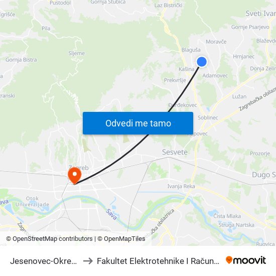 Jesenovec-Okretište to Fakultet Elektrotehnike I Računarstva map