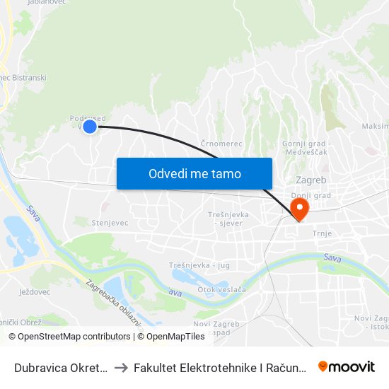 Dubravica Okretište to Fakultet Elektrotehnike I Računarstva map