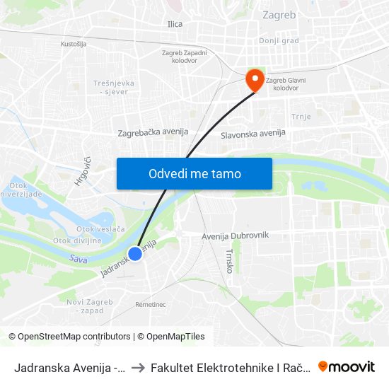 Jadranska Avenija - Arena to Fakultet Elektrotehnike I Računarstva map
