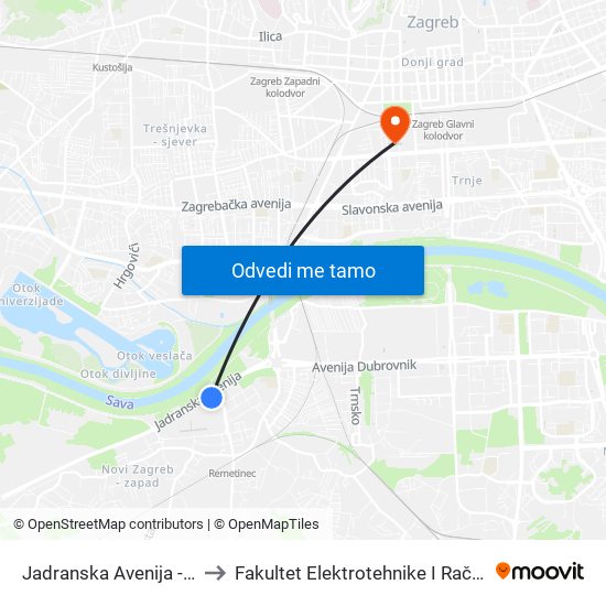 Jadranska Avenija - Arena to Fakultet Elektrotehnike I Računarstva map