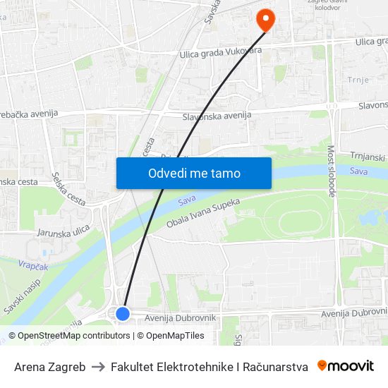 Arena Zagreb to Fakultet Elektrotehnike I Računarstva map