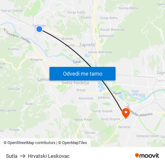 Sutla to Hrvatski Leskovac map