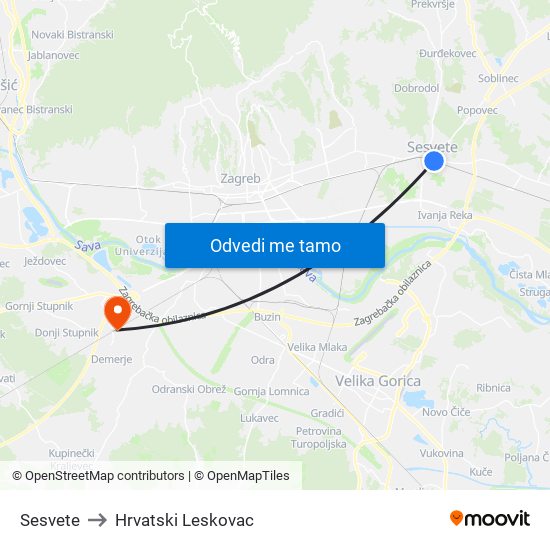 Sesvete to Hrvatski Leskovac map