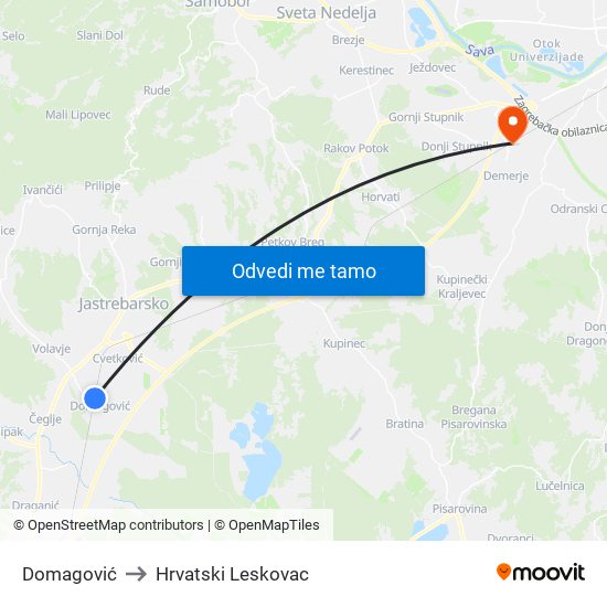 Domagović to Hrvatski Leskovac map