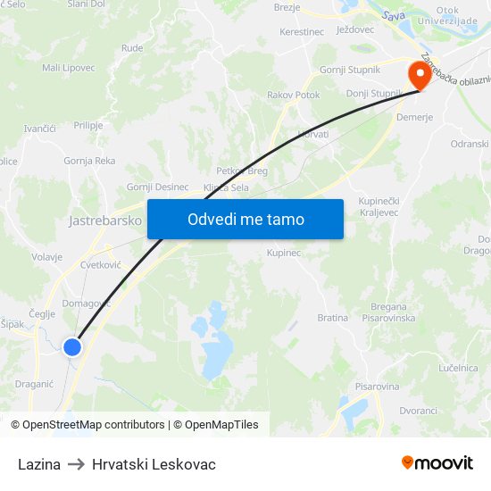 Lazina to Hrvatski Leskovac map