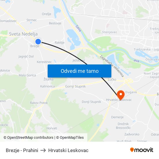 Brezje  - Prahini to Hrvatski Leskovac map