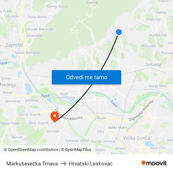 Markuševečka Trnava to Hrvatski Leskovac map