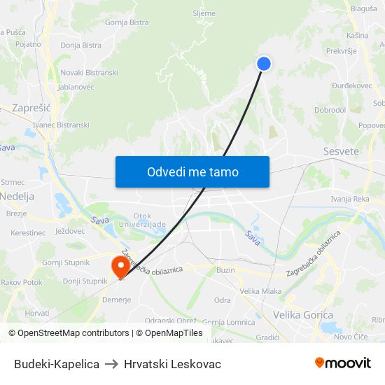 Budeki-Kapelica to Hrvatski Leskovac map