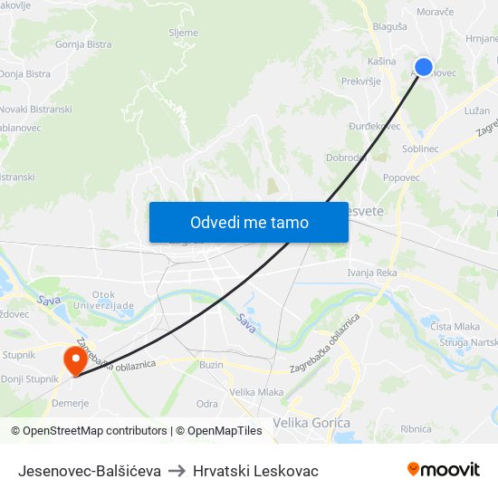 Jesenovec-Balšićeva to Hrvatski Leskovac map