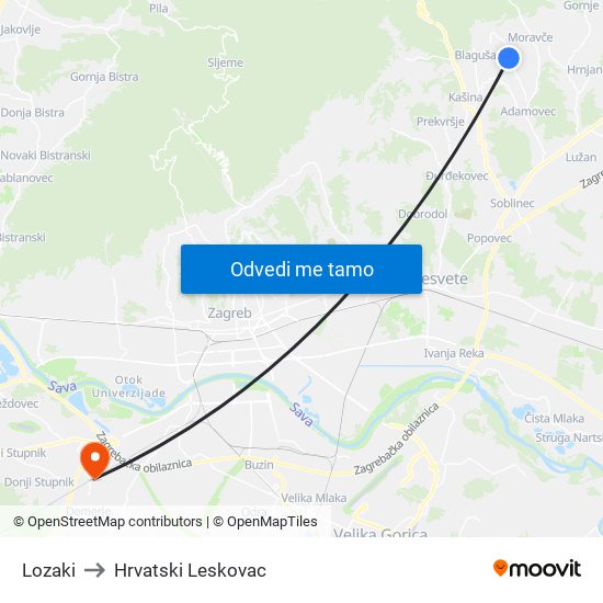Lozaki to Hrvatski Leskovac map