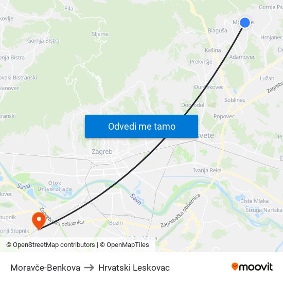 Moravče-Benkova to Hrvatski Leskovac map