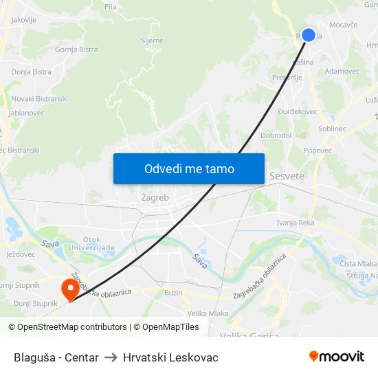 Blaguša - Centar to Hrvatski Leskovac map