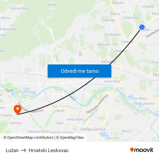 Lužan to Hrvatski Leskovac map