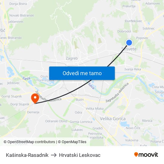 Kašinska-Rasadnik to Hrvatski Leskovac map