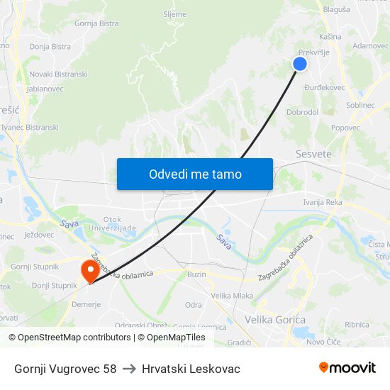 Gornji Vugrovec 58 to Hrvatski Leskovac map