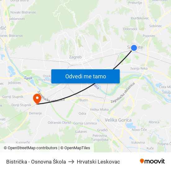 Bistrička - Osnovna Škola to Hrvatski Leskovac map