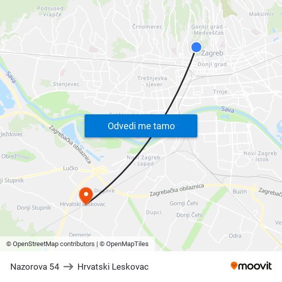 Nazorova 54 to Hrvatski Leskovac map