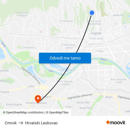 Cmrok to Hrvatski Leskovac map